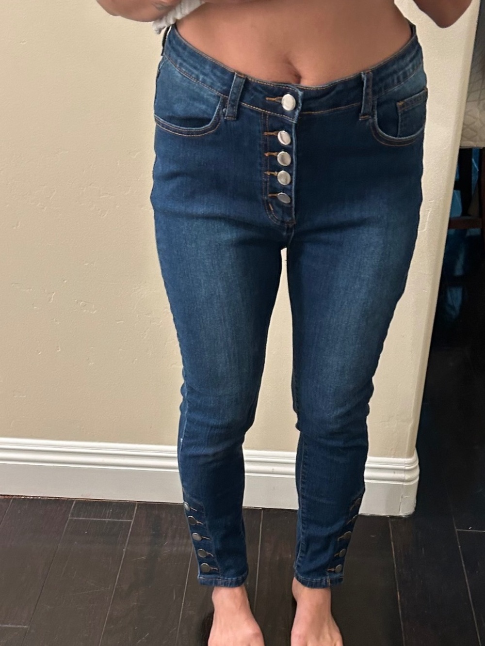 High Rise Dark Wash Multi Button Skinny Jeans